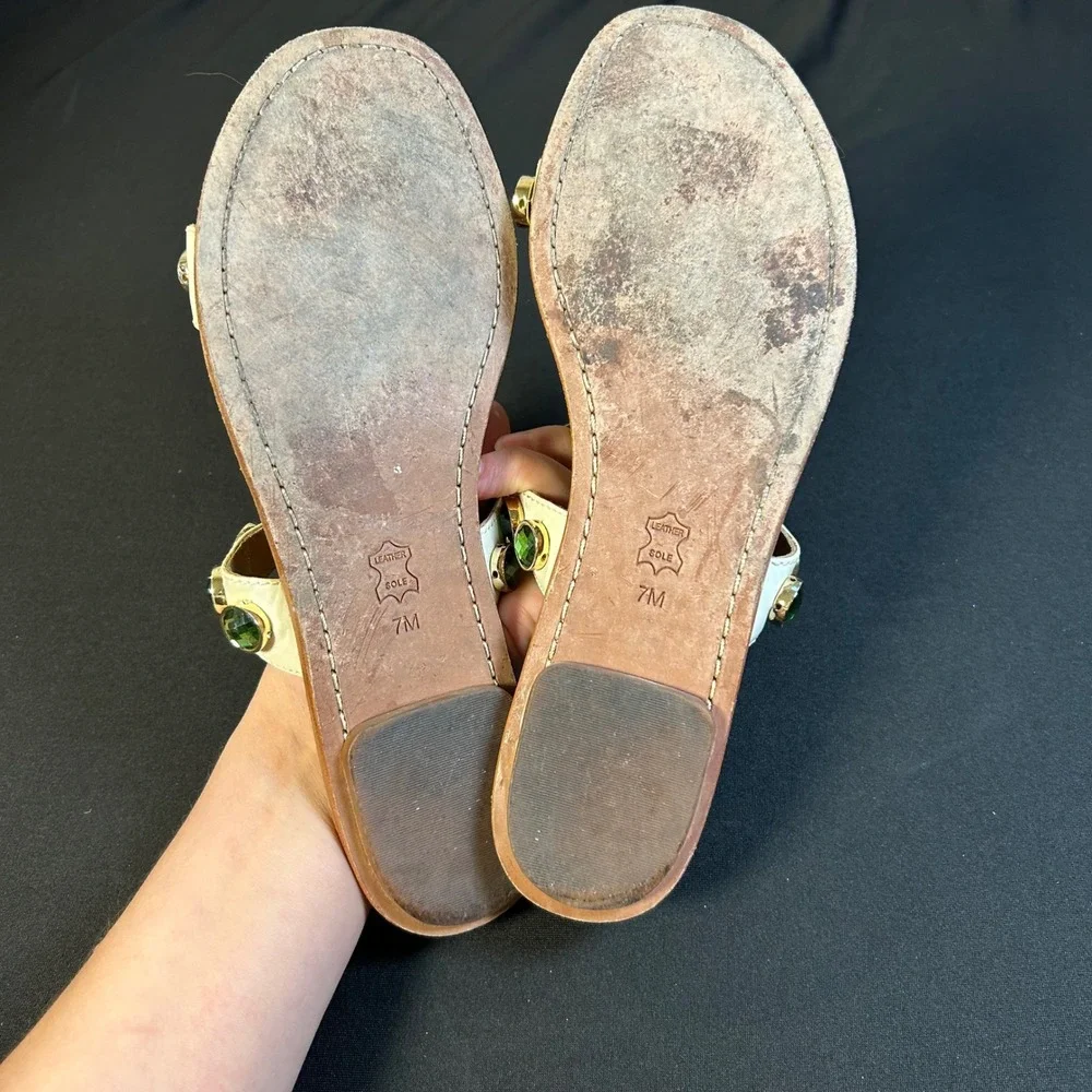 Tory Burch white patent leather green floral gemstone embellished slide sandals